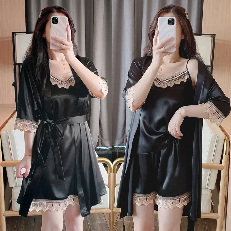 

Women Sleepwear Satin Pajamas Lace PJS Set Nightgown Lounge Wear Kimono Bathrobe Gown Loose Intimate Lingerie Home Clothes