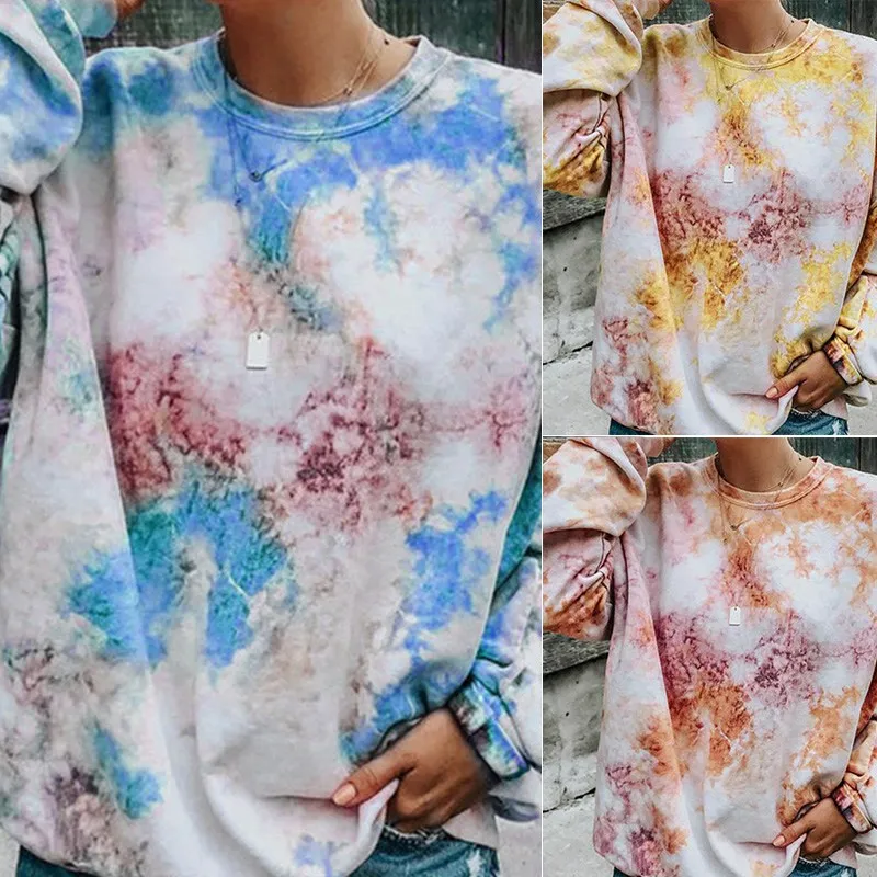 Tie Dye свитшоты женские градиентные цвета повседневный Свободный пуловер с длинным рукавом Женская Осенняя Радужная Толстовка толстовки Топы
