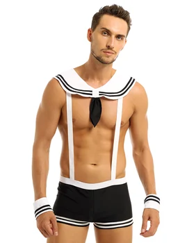 

3Pcs Mens Sailor Cosplay Costume Underwear Set Elastic Suspenders Boxer Briefs with Collar for Halloween Costumes for Role Play