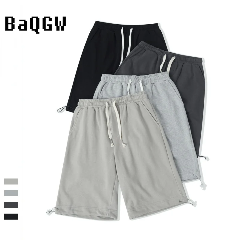 

Men's Casual Shorts Cotton Knitted Knee Length Straight Pants Solid Color Drawstring Joggers Pocket Summer Fashion Mens Clothing