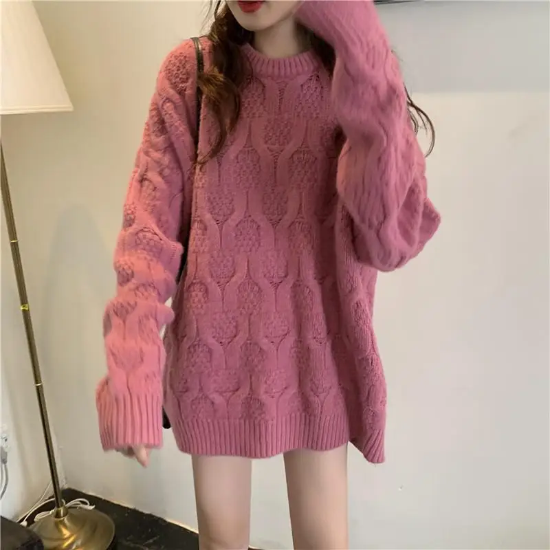 Женский свитер большого размера, однотонный Зимний вязаный свитер с круглым вырезом, женский Макси-пуловер, свитер с длинным рукавом, повседневные топы - Цвет: Розовый