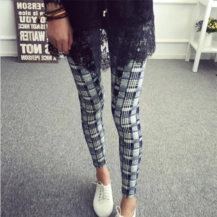 K092 Blue plaid CUHAKCI сексуальные леггинсы повседневные брюки полосатые леггинсы женские черные белые брюки с высокой талией эластичные леггинсы с шотладским рисунком узкие брюки - Цвет: K092 Blue plaid
