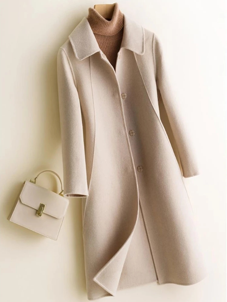 Женское корейское зимнее длинное пальто, верхняя одежда, пальто облегающего размера плюс, элегантное шерстяное пальто с длинным рукавом - Цвет: Бежевый