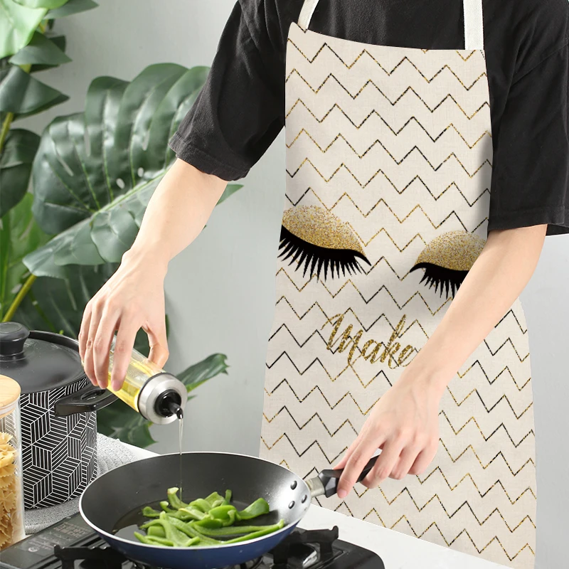 FYMX Cute Eyelashes Aprons For Woman Letter Print Cooking Apron For Family Home Cleaning Tools