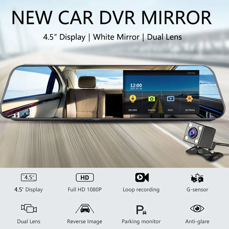 Parking Monitor Loop Recording CHICOM Mirror Dash Cam 1080P Dashboard Camera Recorder 7 LCD Full HD 1080P IPS Touch Screen Dual Lens Front Rear View Car Video Recorder with G Sensor 