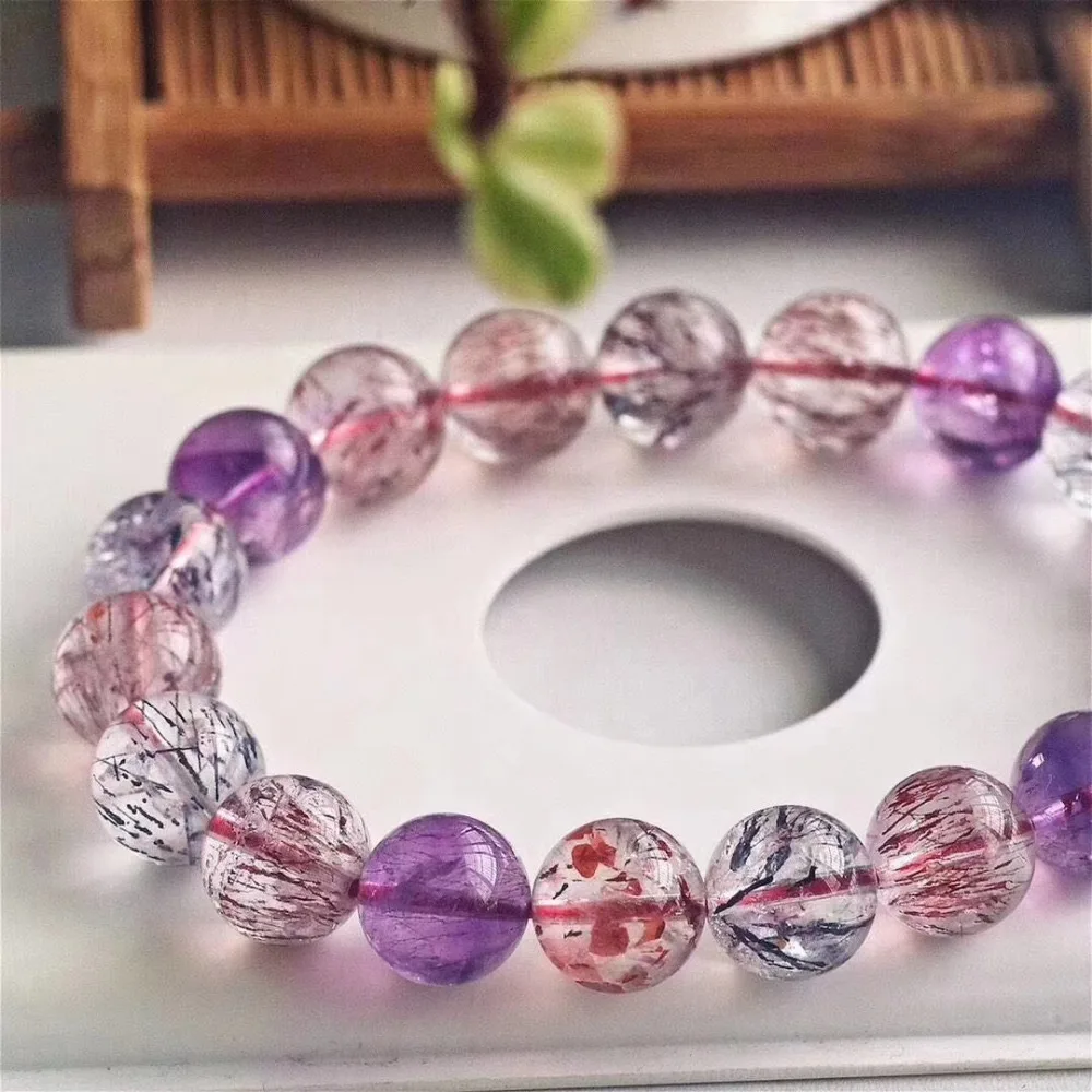 Сертификат натуральный супер семь 7 кристаллов Lepidocrocite кварц фиолетовый Рутиловый 10,3 мм для женщин и мужчин браслет круглые бусины AAAAAA