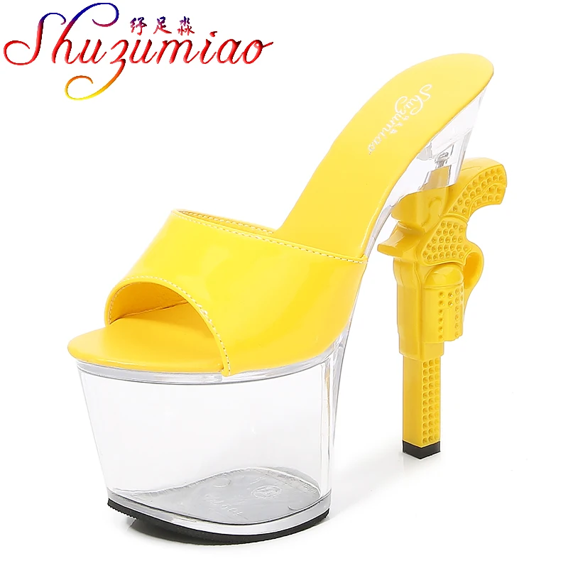 

Shuzumiao Transparent High Heels 17cm Women Shoes Summer Patent Leather Slippers 2021 New Platform Sexy Gun Heel Outside Slides