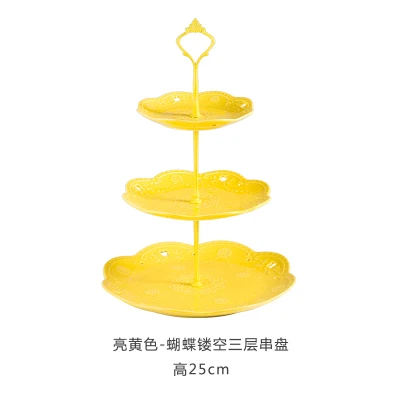 Yellow three-piece Европейская керамическая трехслойная тарелка для фруктов, креативная, для гостиной, для торта, тарелка для кондитерских изделий, для послеобеденного чая, конфет, десерта, поднос, полка - Цвет: Yellow three-piece