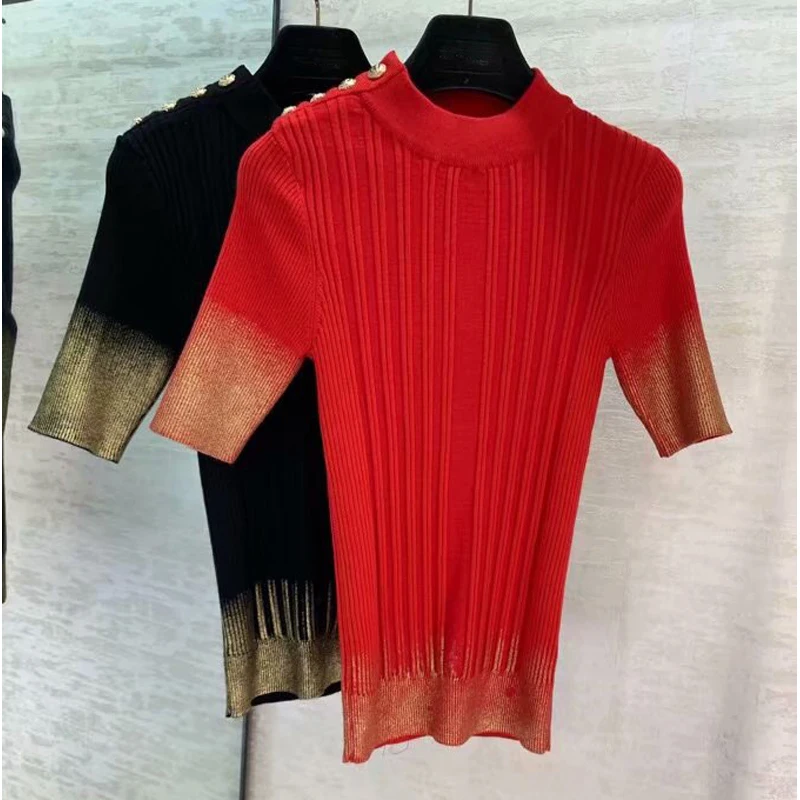 

9.19 2019 Autumn New O-neck half sleeve knitted slim tops thread solid T-shirt women