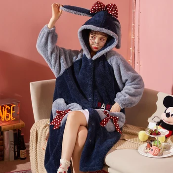 

Navy Blue Bow Love Sleepwear Winter Thickened Flannel Robes Sweet Ladies Princess Nightwear Hooded Bathrobe Gift Soft Homewear