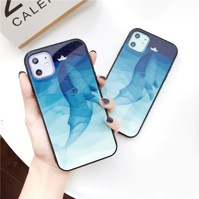 

Case For iPhone 11 Pro MAX Tempered Glass Pattern Blue Whale Case For iPhone X XS MAX XR 6 6S 7 8 Plus Phone Case Coque Fundas