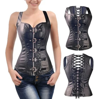 

PU Leather Gothic Punk Leather Overbust Corset Bustier Thong Set Lingerie Costume for Women