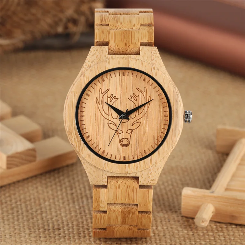 Modern Handmade Wood Men's Wristwatches Deer Design Dial Timepiece Causal Quartz Analog Watch Adjustable Band Length Reloj Gift