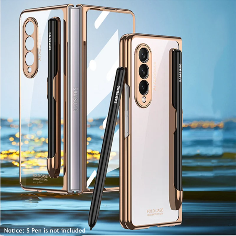 kawaii samsung cases Front Tempered Glass Transparent Case for Samsung galaxy Z Fold 3 5G Cover Plating Frame Hard Clear S Pen Slot Holder Back Case best case for samsung Cases For Samsung