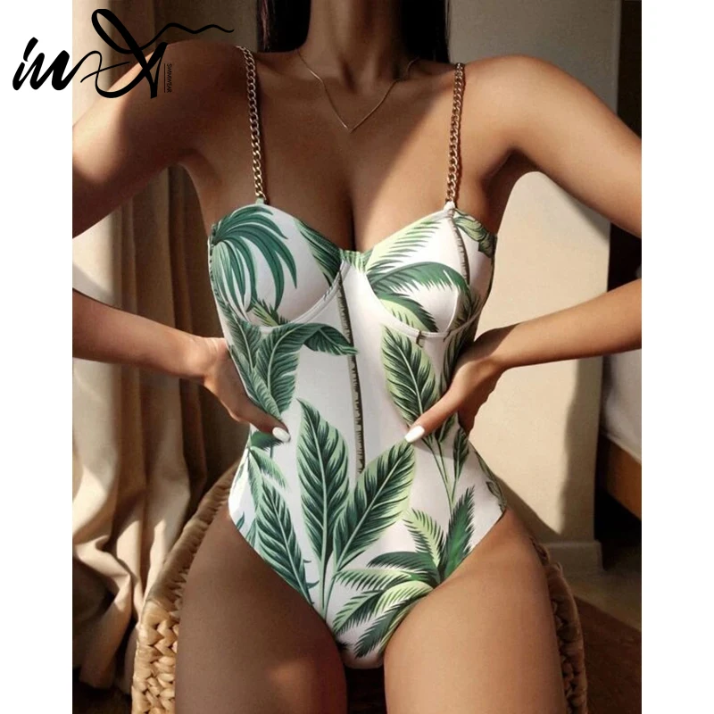 One-Piece Swimsuit Monokini Chain Push-Up Underwired Women Plant-Print Sexy New In-X