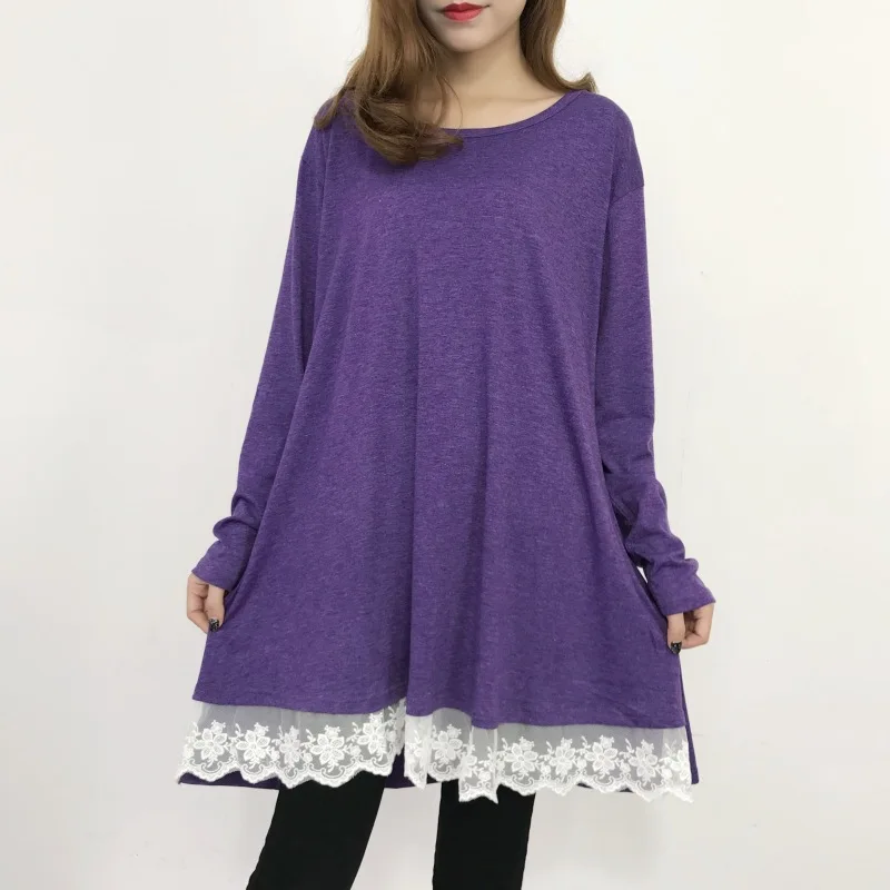 Women Dress Casual 2020 Lace Bottom A-line Shirt Dress Purple Color Long Sleeve Spring Autumn O-neck Loose Plus Size Vestidos