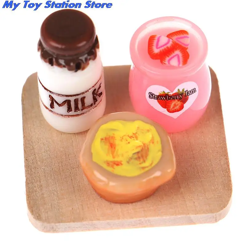 1set oll House Food Milk Bread Basket Bottles Breakfast Wood Board 1:12 Dollhouse Miniature Kitchen Toy Accessories | Игрушки и хобби