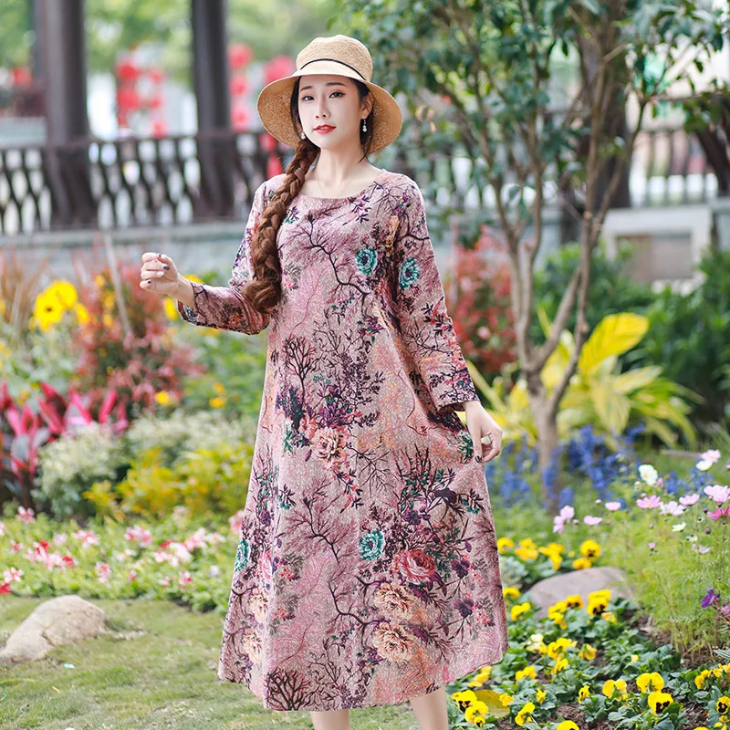 

2019 Spring New Style Large Size Dress Origional Literature And Art Loose Cotton Linen Printed Long Dress Slimming