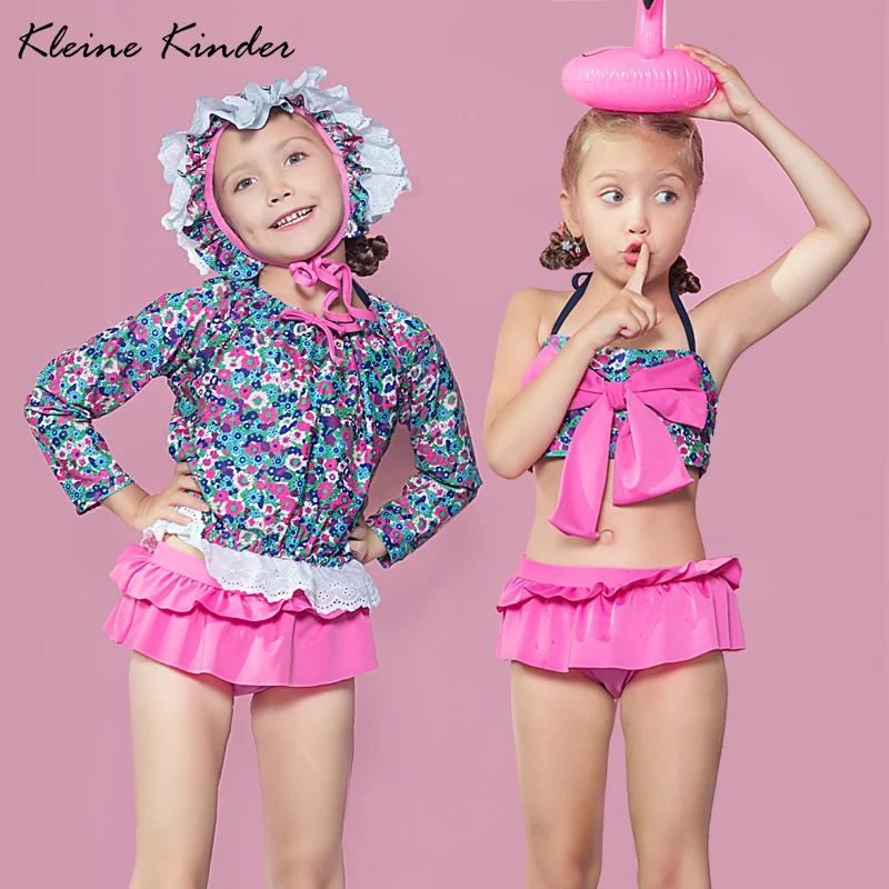 

Swimsuit For Girls 4 Pieces Children's Swimwear 2019 Summer Floral Bow Long Sleeves Beachwear Kids Bathing Suit Beach Costumes