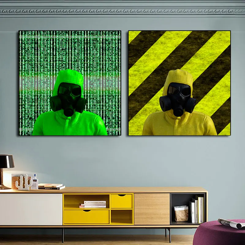 Industrial Style Fluorescent Color Gaz Mask Painting Green Yellow Canvas Posters and Prints Wall Art Pictures for Living Room