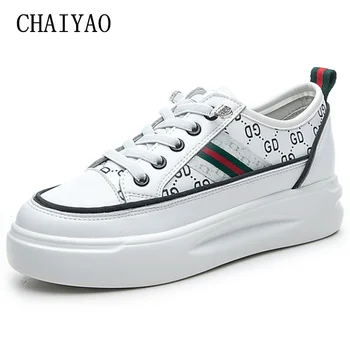 

Women Vulcanized shoes Autumn New Striped Genuine Leather Large size Female shoes Fashion Non-slip Lace-Up Platform Women shoes