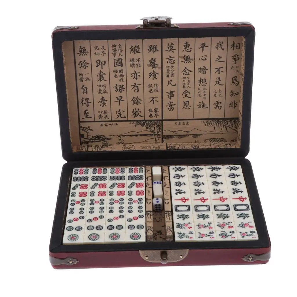 Mini Chinese Mahjong (Mah Jong, Mahjongg, Mah-Jongg, Mah Jongg, Majiang) with Numbered Tiles, Accessories, and Wooden Case