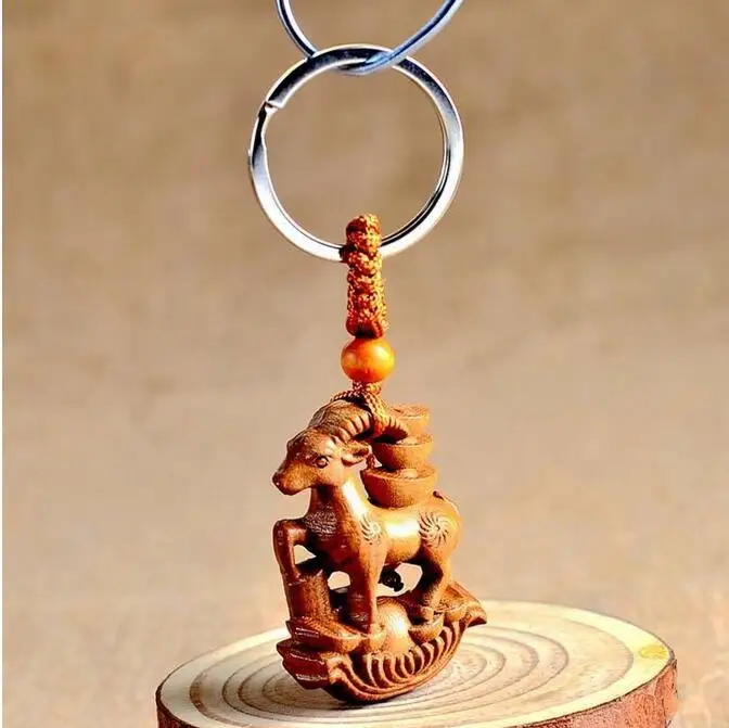 Copper Statue Wood Carving Chinese Zodiac Feng Shui Geomancy Goat Key Chain Ring | Дом и сад