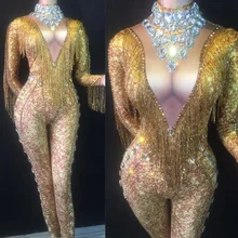 

Sexy Rhinestone Print Women Jumpsuits Nightclub Dance Costumes Sexy Stage Wear Birthday Celebrate Tassels Outfit Bodysuits