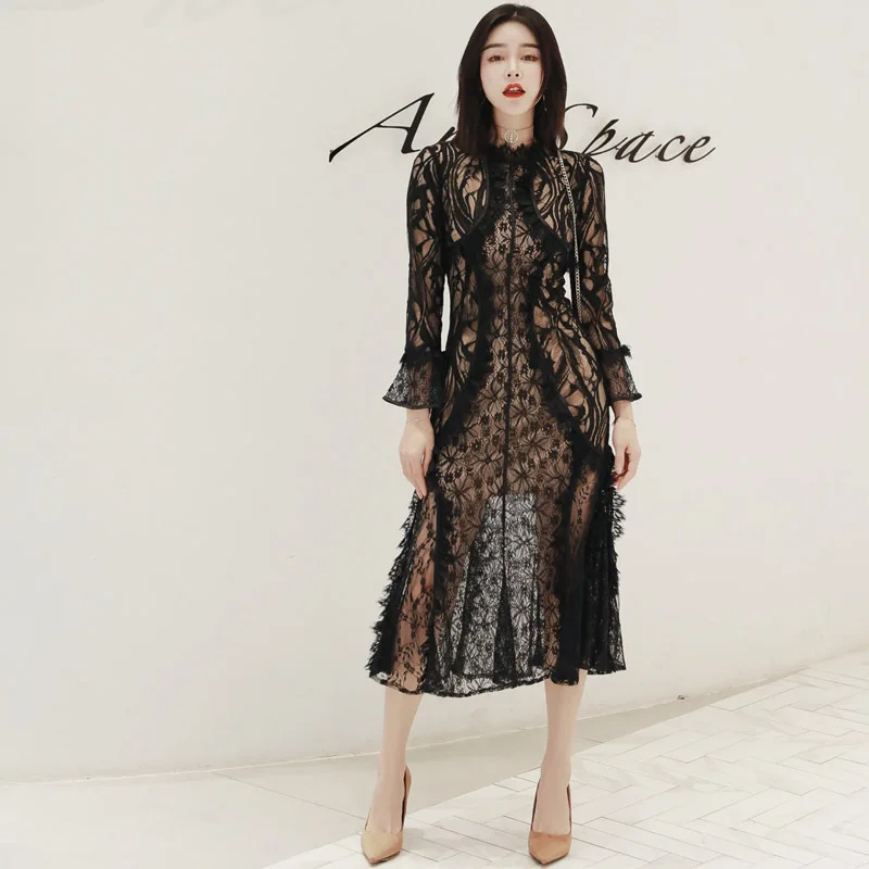 

Women Luxury Black Lace Dress New Arrival 2019 Autumn Perspective Patchwork Fit and Flare Ladies Evening Party Dresses