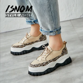

ISNOM Women Leather Sneakers Chunky Platform Flats Casual Shoes Lace-Up Female Thick Bottom Dad Sneakers 2020