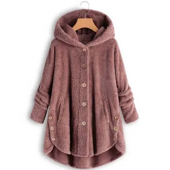 

New Thin Wool Blend Fashion Women Button Coat Fluffy Turn-down Collar Outwear Jacket Casual Tops Hooded Pullover Loose Sweater