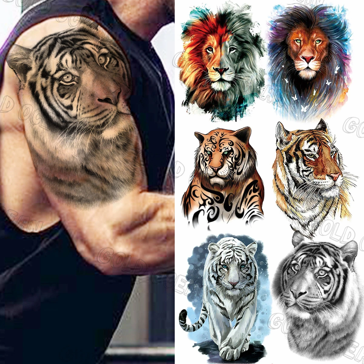 Black Realistic Half Sleeve Tiger Temporary Tattoos For Men Adults Colorful Lion Tattoo Stickers Waterproof Tatoos Arm Body 3d Temporary Tattoos Aliexpress