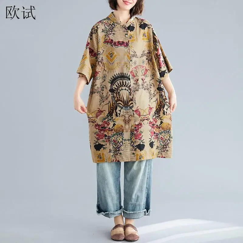 Длинная блузка из хлопка и льна размера плюс, платье-рубашка, летнее женское винтажное платье с принтом, женские рубашки, кимоно, кардиган, новинка, весна, 5XL