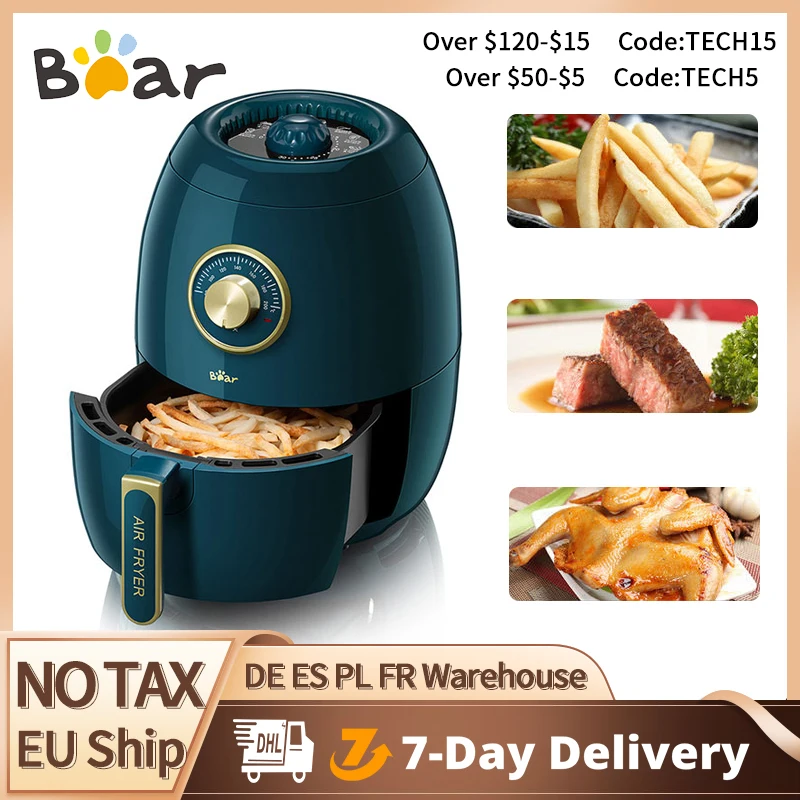 Bear-freidora de aire eléctrica de 3L, 1350W, sin aceite, saludable, con temporizador ajustable, para pasteles, patatas fritas, A19A