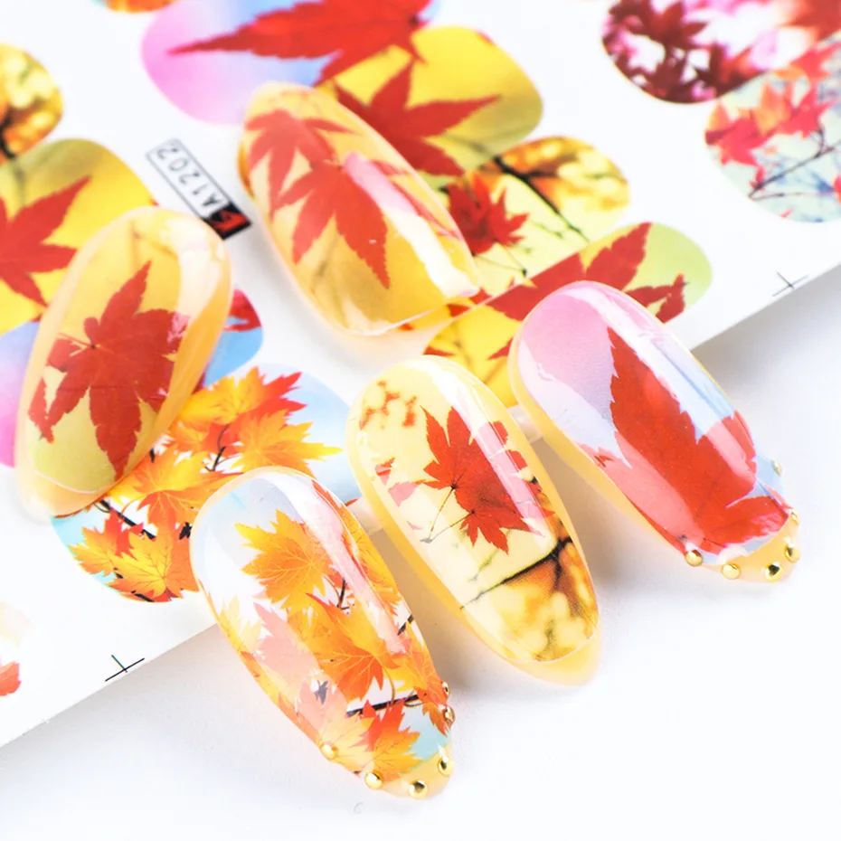 

12pcs Autumn Leaf Fall Nail Art Slider Yellow Maple Colorful Design Water Foils Decals Nail Sticker Manicure Decor