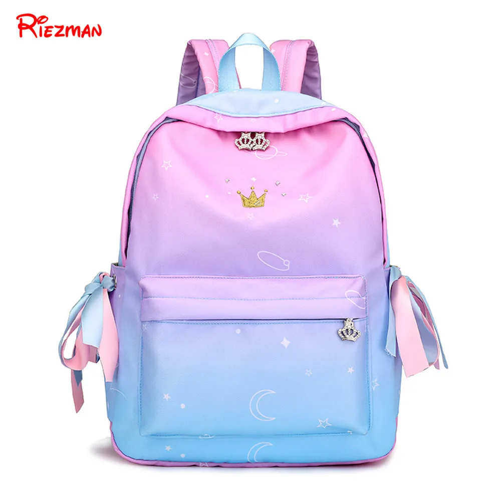 Backpack Female Student Bag Korean Version Of Nylon Travel Bag Printing Gradient Crown Multi-function Girl Heart Backpacks