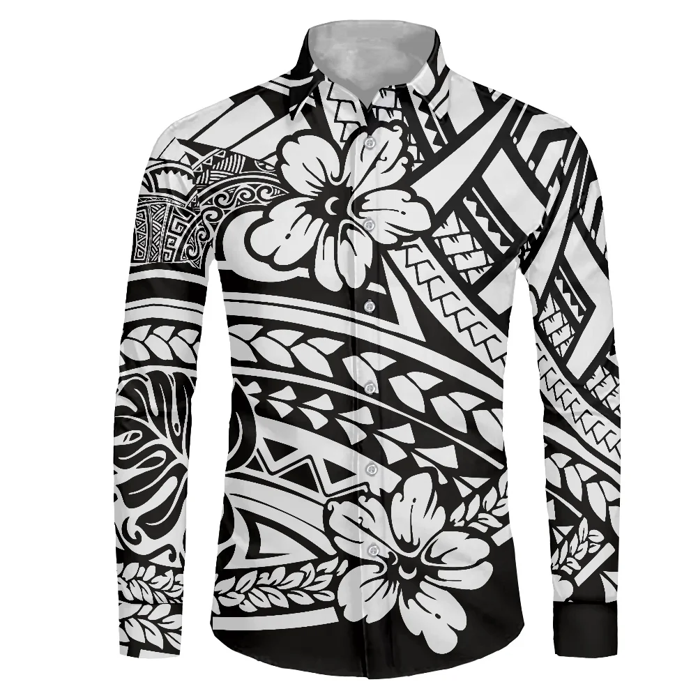 

HYCOOL New Arrivals Hibiscus Print White Tribal Long Sleeve Shirt Men Plus Size Dress Men Shirt Polynesian Formal Collared Shirt