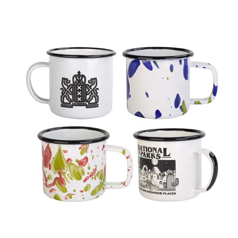 8oz white milk mug with hollow handle custom logo printed enamel cup
