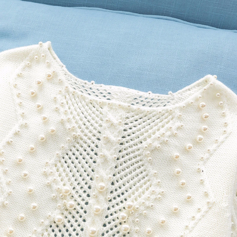 Billig Perlen perlen weiß pullover frauen gestrickte aushöhlen Pullover lose faul pullover grundlegende tops 2019 herbst und winter neue ankunft