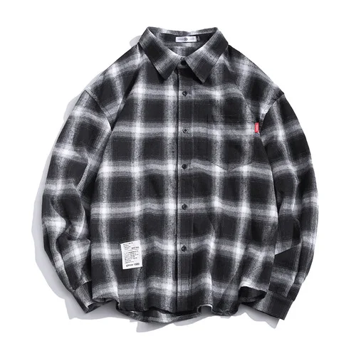 Liketkit Men's New Casual Shirts Male Plaid Long Sleeve Harajuku Oversize Shirts Men Korean Couples Japanese Streetwear 5XL - Цвет: Black