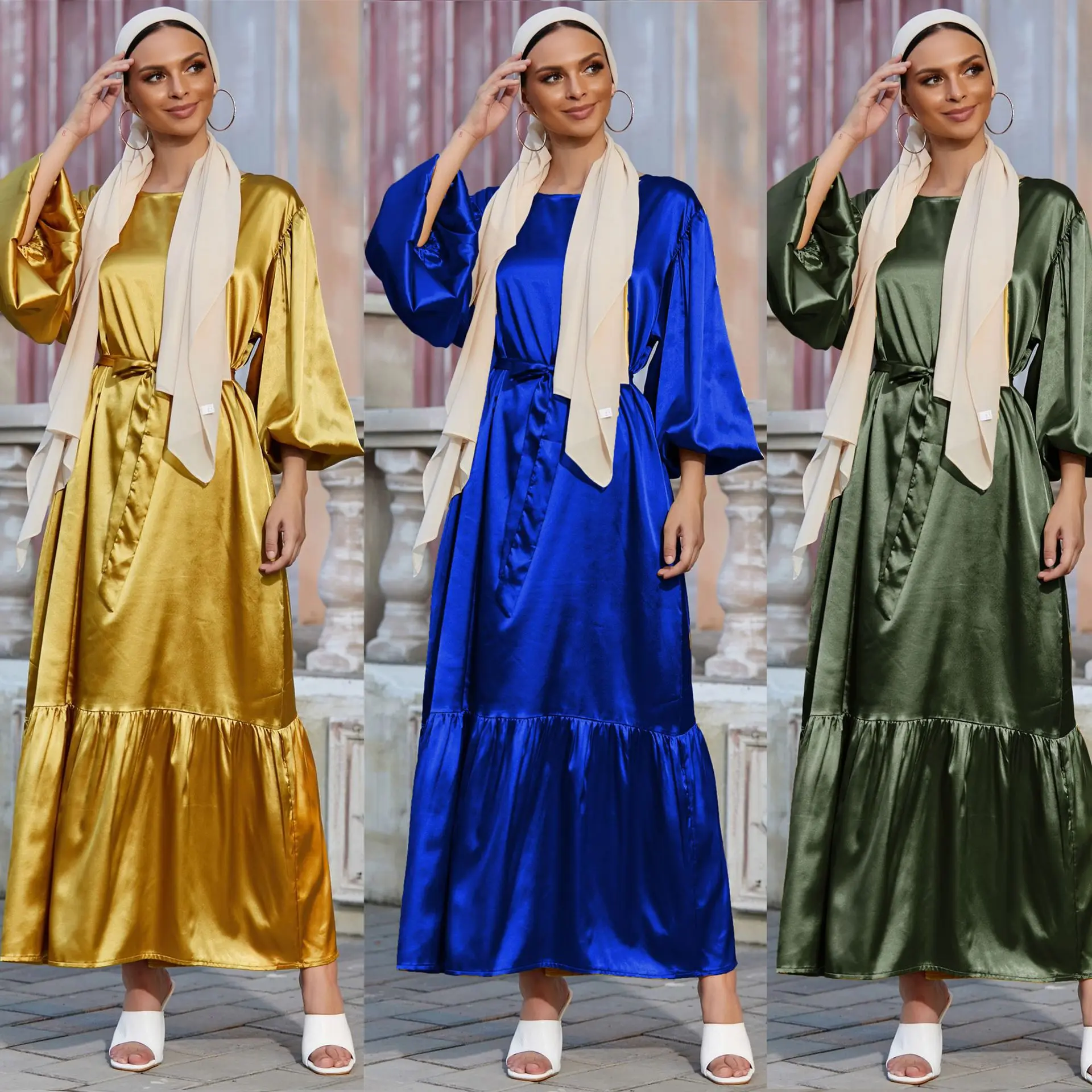 Мусульманское шелковое атласное платье Рамадан Eid Mubarak Abaya с пышными рукавами