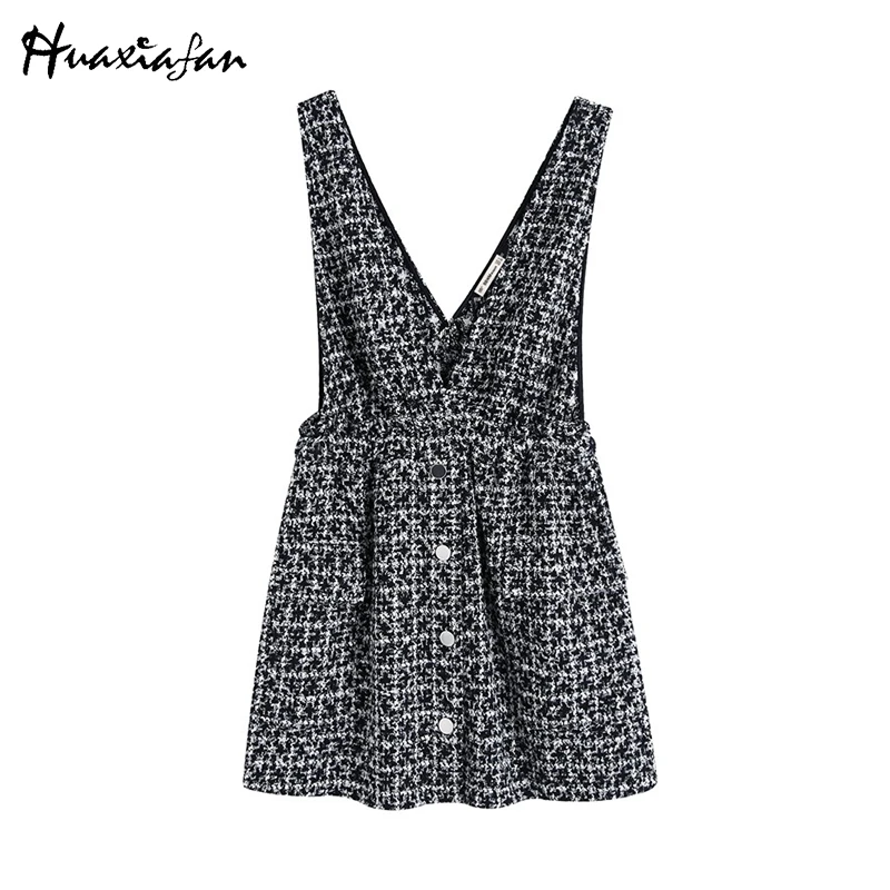 Huaxiafan Women Dress Autumn Tweed Blend Wide Strap Plaid Front Buttons Fly Flared Hem Female Overall Mini Tank Dresses | Женская одежда