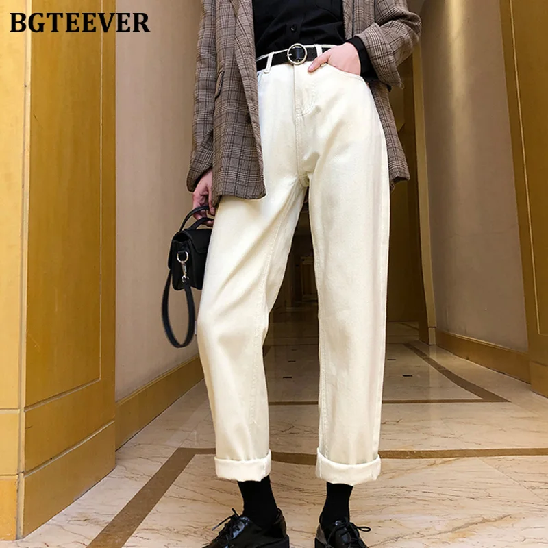 BGTEEVER, корейские шикарные прямые джинсы для женщин, с поясом, плотные вельветовые джинсы для женщин, с высокой талией, флисовые теплые джинсовые штаны для женщин