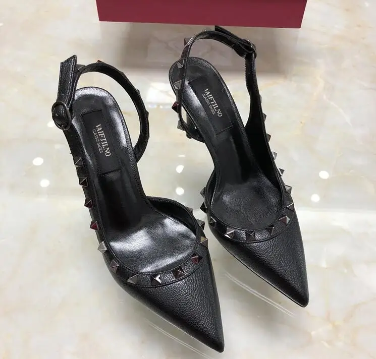 Классические Брендовые женские босоножки на высоком тонком каблуке 6 см из черной лакированной кожи с заклепками, красные свадебные туфли 34-43 коробка - Цвет: all black lizhiwen