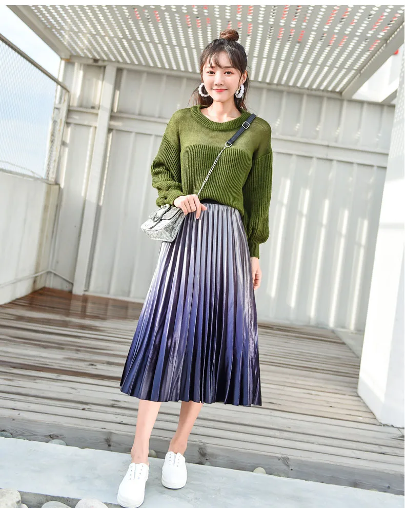 OHRYIYIE элегантная женская миди с разноцветным принтом длинная юбка осень зима Повседневная корейская мода Высокая талия плиссированная юбка солнце женская