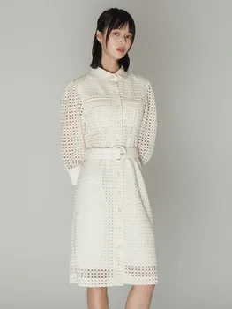 

Summer Dress 2020 High Quality Single Breasted Office Dress Black Knee Length Belts Slim Dresses Long Sleeve Elegant Dress