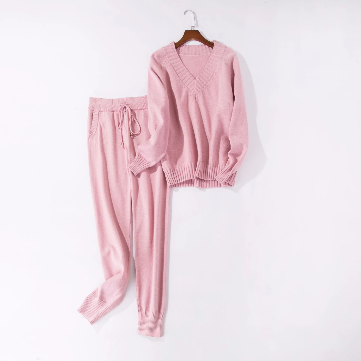 Женский Теплый розовый вязаный костюм, свитер, комплект из 2 предметов, костюмы размера плюс, вязаные комплекты из 2 предметов, топ и штаны, одежда осень-зима