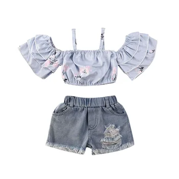 

Off Shoulder Ruffle Striped Floral Flower T-shirt Tops+ Denim Shorts Outfits 2020 New Toddler Infant Baby Kids Girls Clothes Set