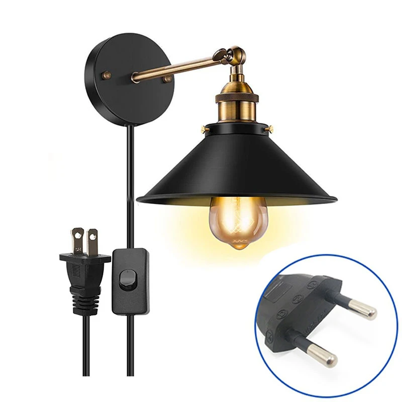 Lampada Da Parete A Soppalco Vintage Con Spina In Cavo Da 1.8M Luce Industriale Nera Per Apparecchi Da Camera Da Letto Per Soggiorno E27