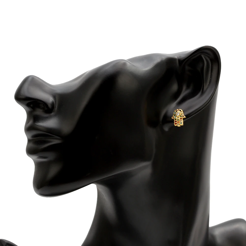 Женские серьги гвоздики Lucky Eye Hamsa золотого цвета с инкрустацией и радужным